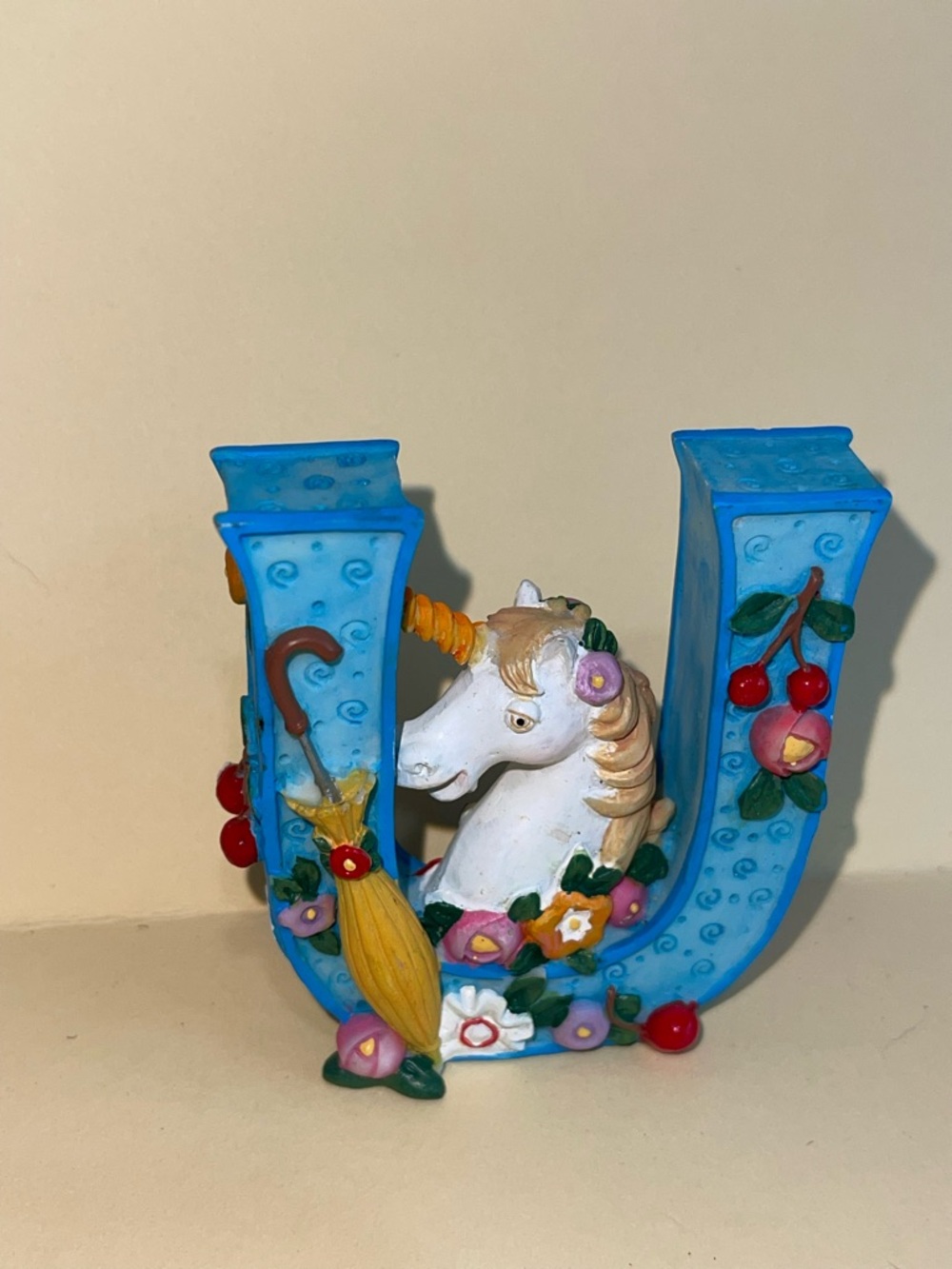 Mary Engelbreit Blue Unicorn U Letter Accent with Floral and Cherry Detail, 1999